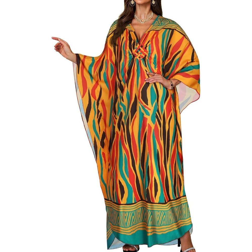Women's Green Red Stripes V-Neck Batwing Sleeves Smocked Waist Maxi Kaftan Dress